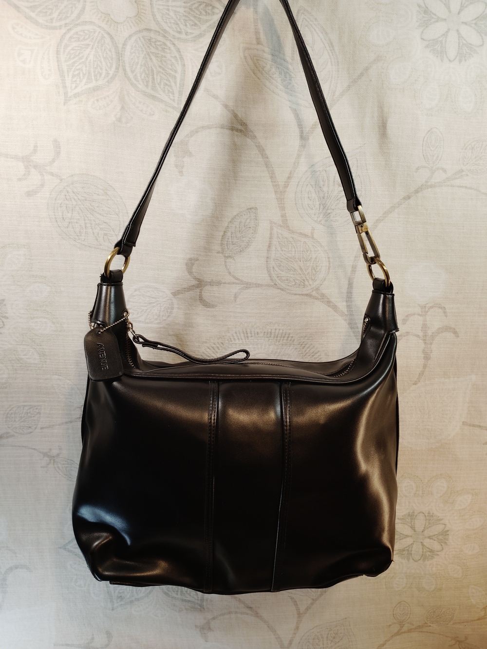 Avenue Black Leather Shoulder Bag with Gold Hardware